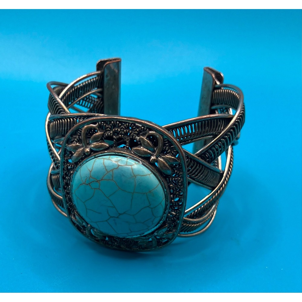 Womens Cuff Bracelet Costume Blue Faux Turquoise Woven Wire Dragonfly Boho